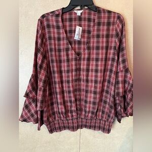 Cato Burgundy Plaid V-Neck Blouse
